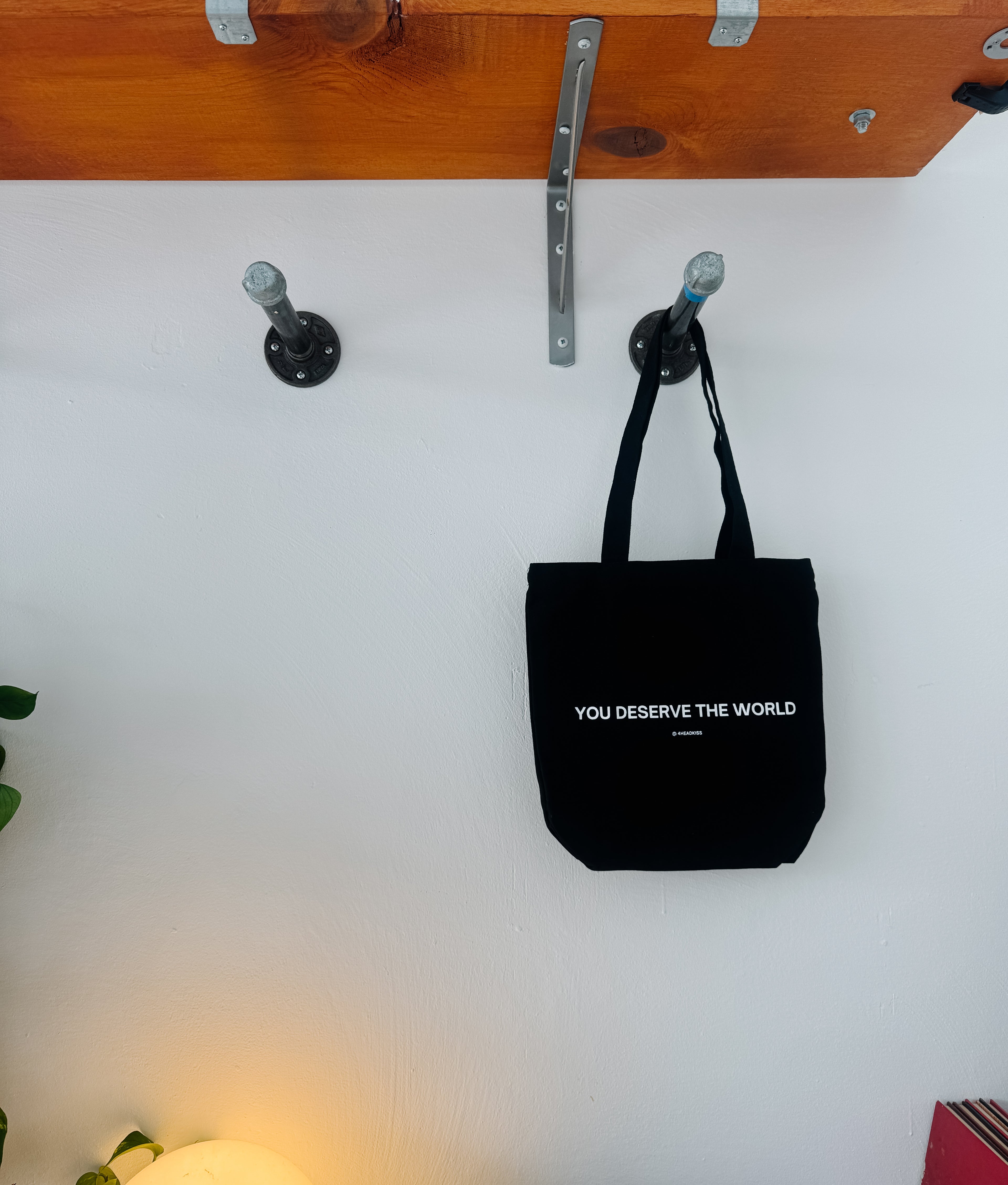 black mini trendy canvas tote bag with pockets / you deserve the world