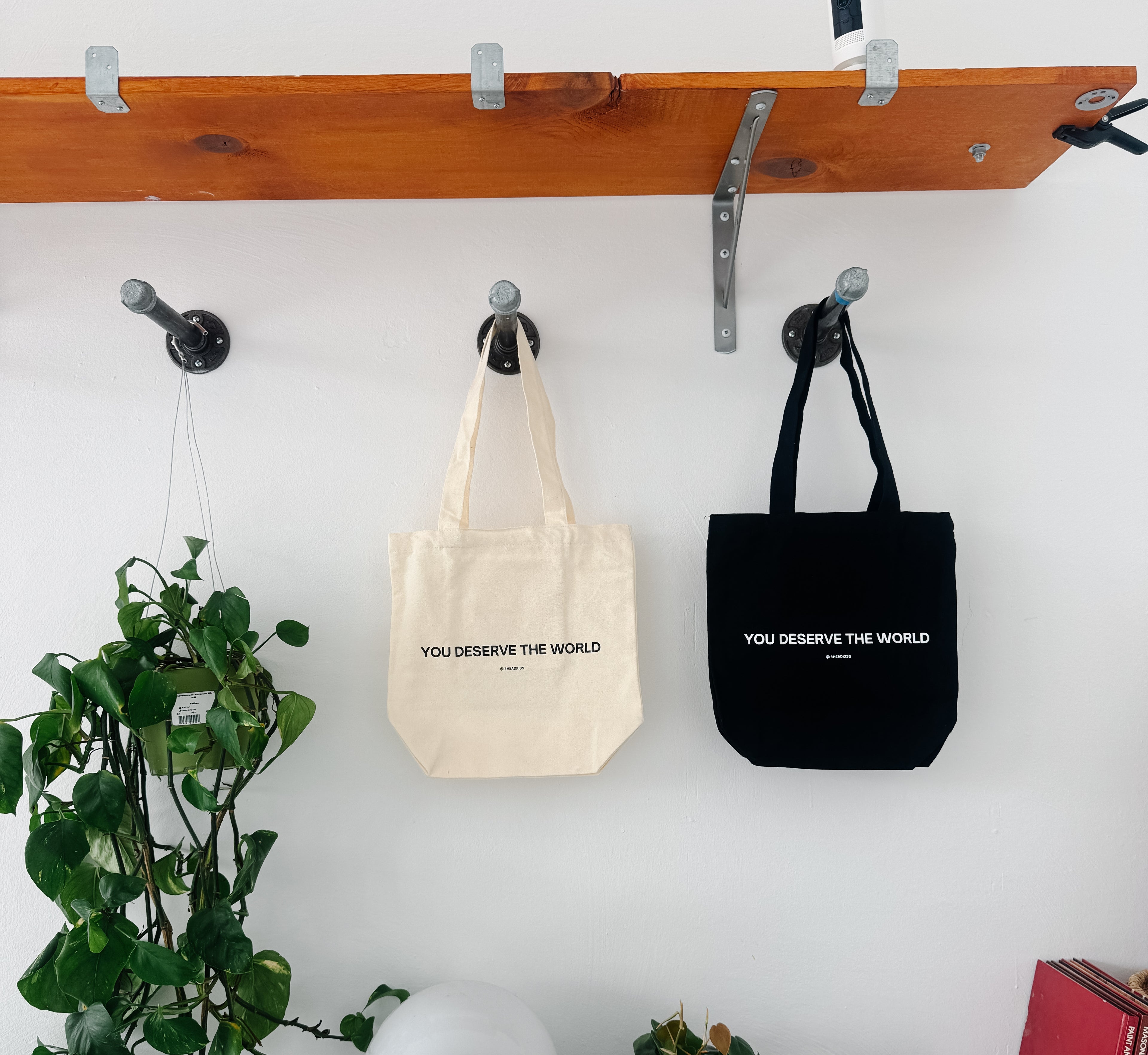 black mini trendy canvas tote bag with pockets / you deserve the world