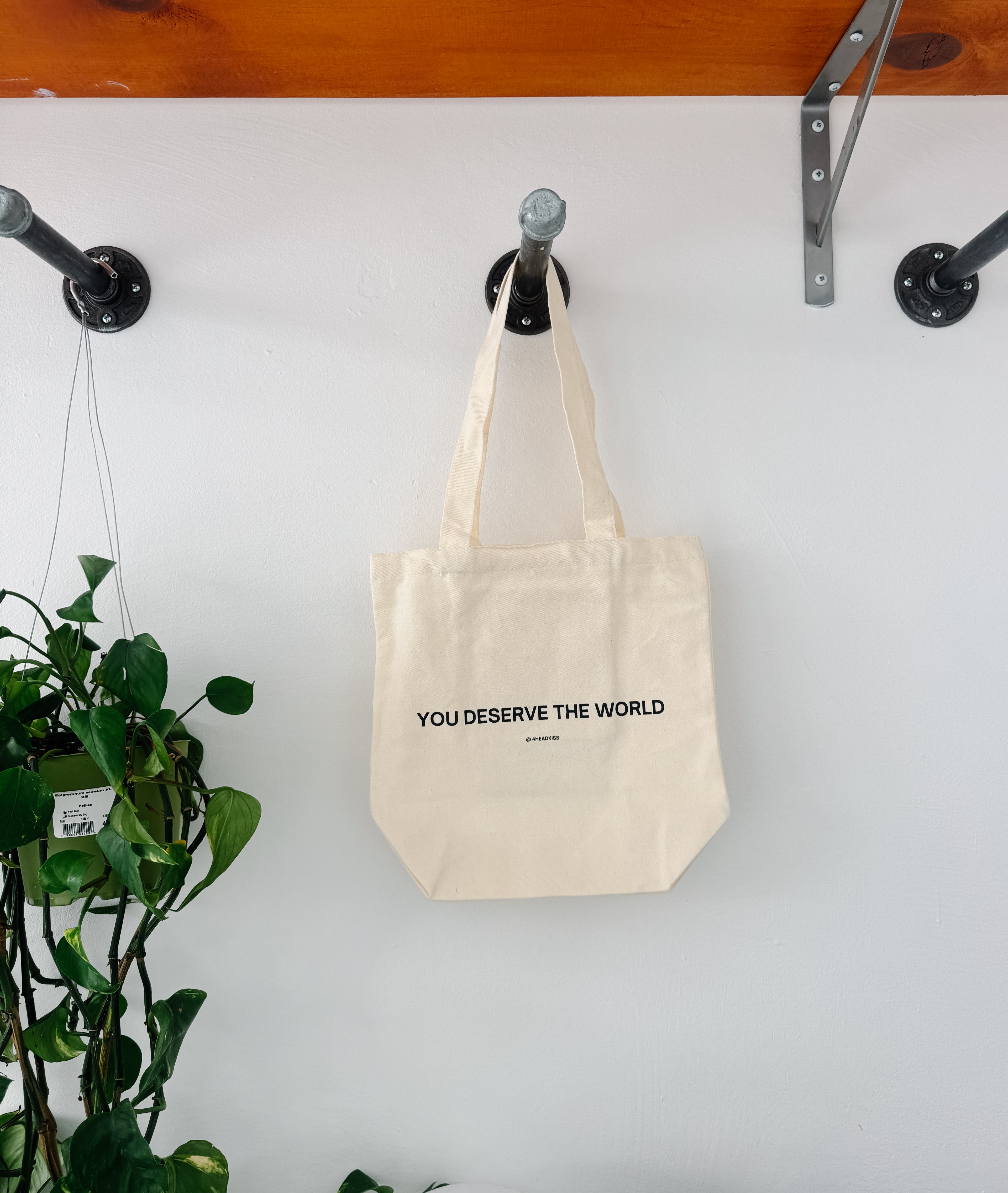 beige mini trendy canvas tote bag with pockets / you deserve the world