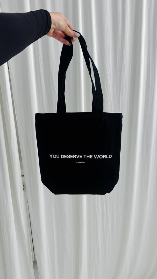 black mini trendy canvas tote bag with pockets / you deserve the world