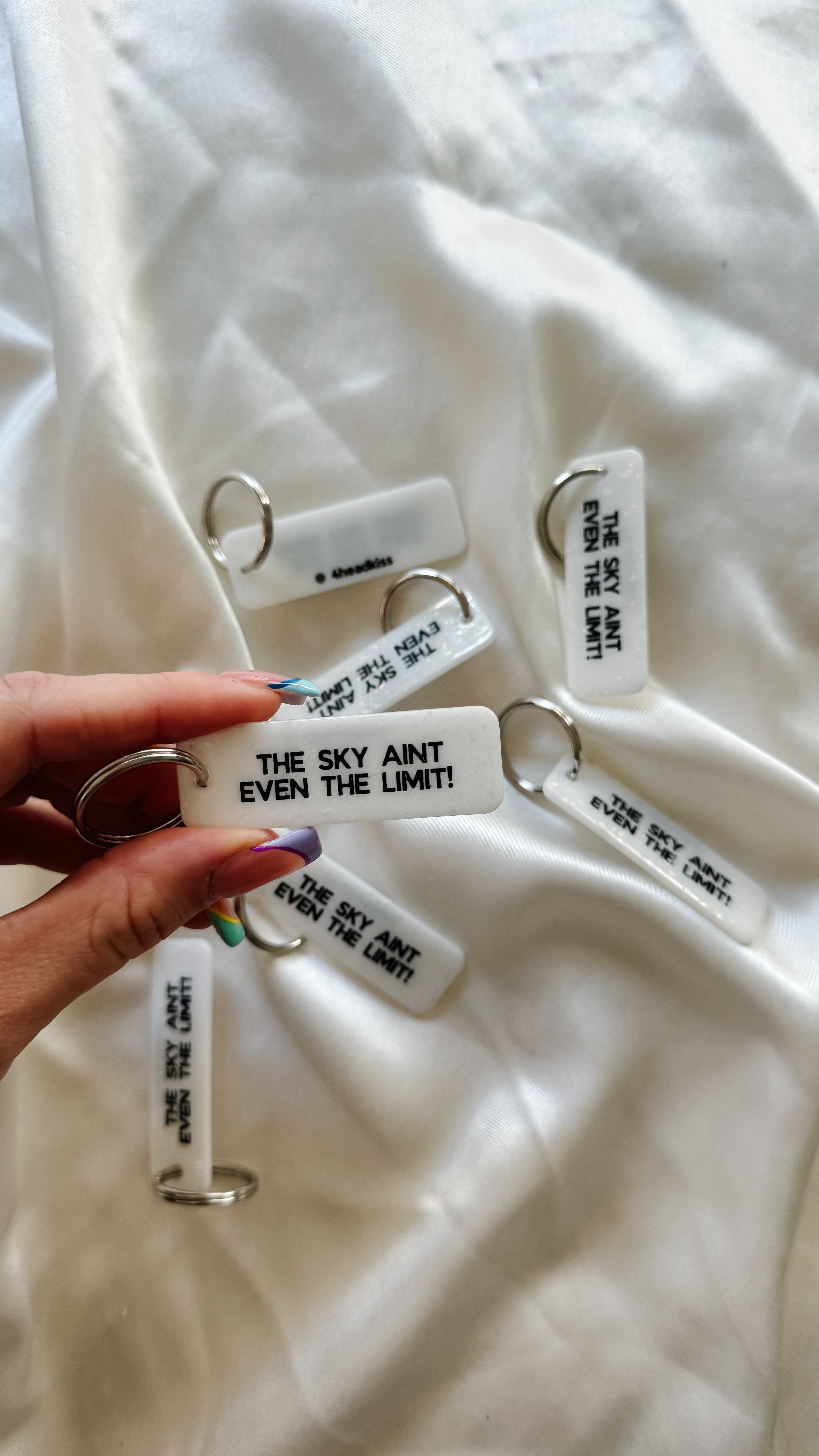 cute white sparkle rectangle keychain / the sky aint even the limit